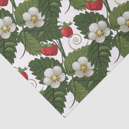 Aardbei Witte Bloem Groene Blad Bloemendruk  Tissuepapier (Detail)