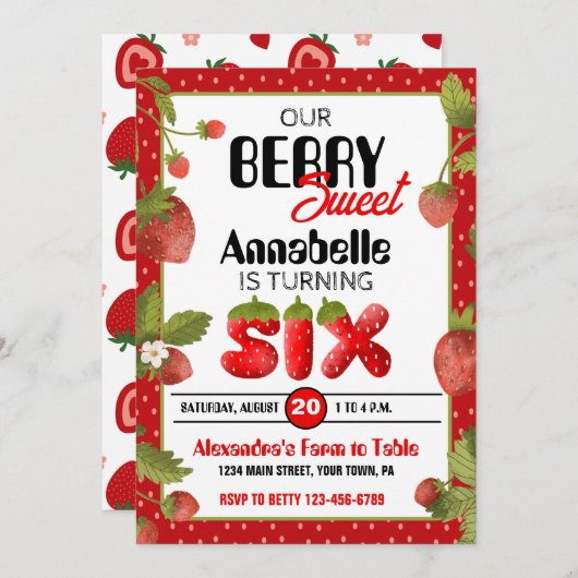 Aardbei Zesde Verjaardagsfeest Uitnodiging (Voorkant / Achterkant)
