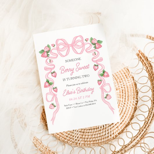 Aardbei Zoete Aardbei Roze Strik Verjaardag Kaart