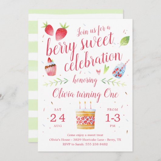 Aardbei zoete aardbei verjaardagsfeest uitnodiging (Voorkant / Achterkant)