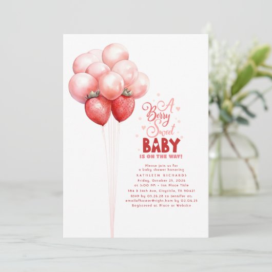 Aardbeiballonnen bessenzoet Baby shower Kaart (Staand voorkant)