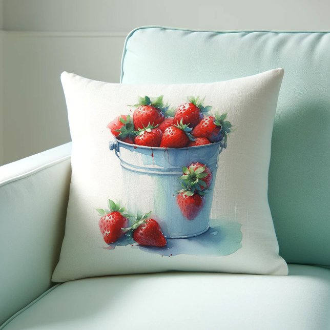Aardbeiboerderij decoreren kussen (Farmhouse style throw pillow features watercolor strawberries in a tin pint. )