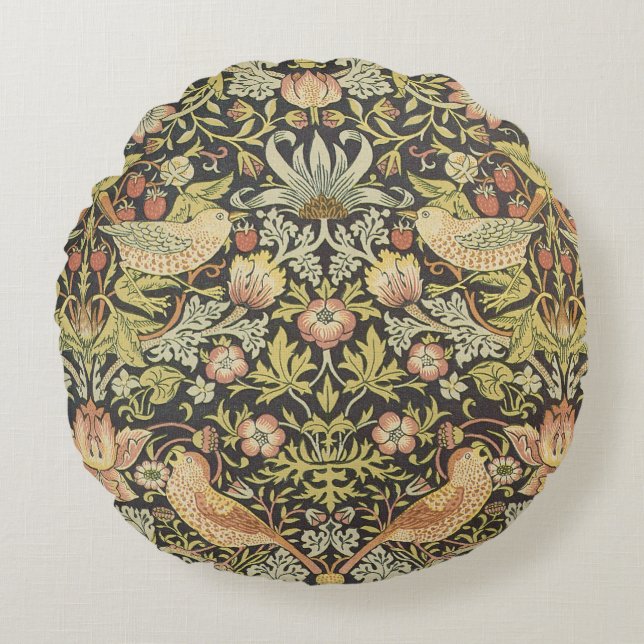 Aardbeidieven door William Morris, Vintage Kunst Rond Kussen (Voorkant)