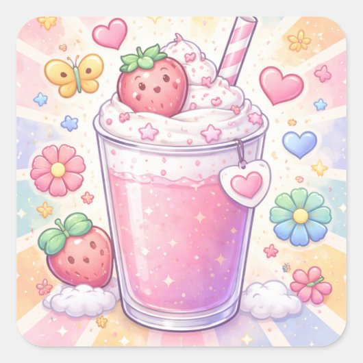 Aardbeidroom Milkshake Vierkante Sticker (Voorkant)