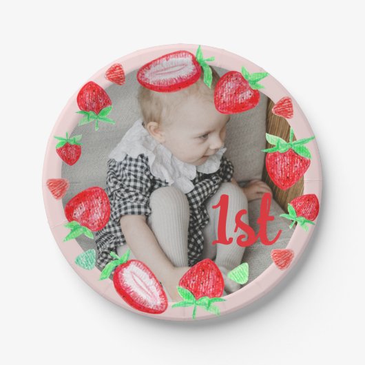 Aardbeien 1e verjaardag bes eerste papieren bordje (Voorkant)