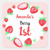 Aardbeien 1e verjaardag bes eerste vierkante sticker (Voorkant)