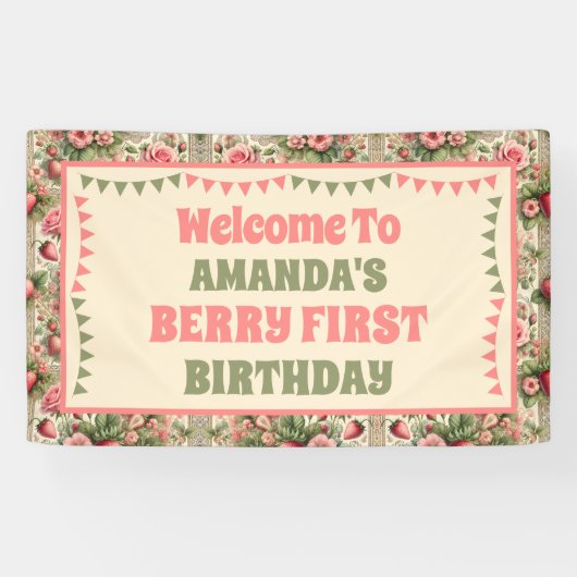  aardbeien 1e verjaardagsfeest welkom spandoek (Horizontaal)