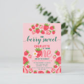Aardbeien 1e verjaardagsfeestje Bes zoete Roze Briefkaart (Staand voorkant)