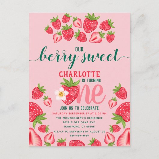 Aardbeien 1e verjaardagsfeestje Bes zoete Roze Briefkaart (Voorkant)
