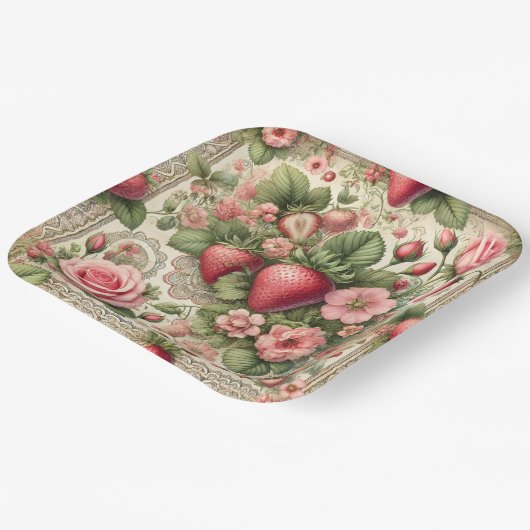  aardbeien 1e verjaardagsfeestje papieren bordje (Gebogen)