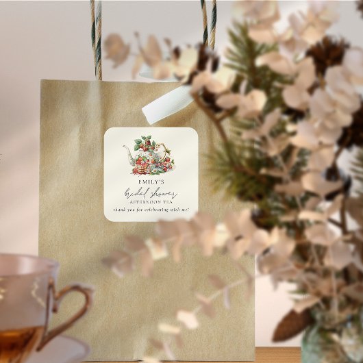 Aardbeien Afternoon Tea Bruiloft Danken Vierkante Sticker