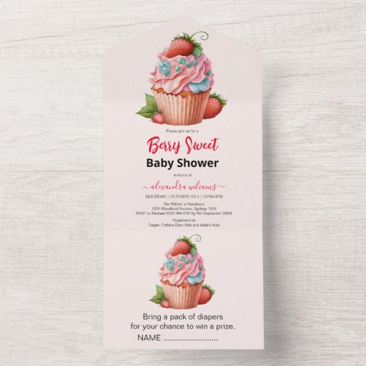 Aardbeien Baby shower Berry Sweet All In One Uitnodiging (Binnen)