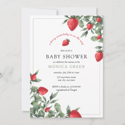Aardbeien Baby shower | Berry Sweet Baby Greenery Kaart (Voorkant)