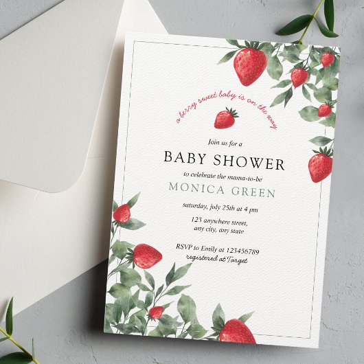 Aardbeien Baby shower | Berry Sweet Baby Greenery Kaart