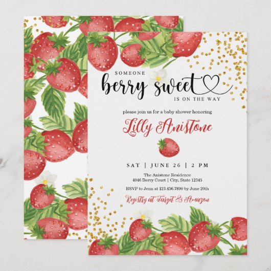 Aardbeien Baby shower Berry Sweet Invitation Kaart (Voorkant / Achterkant)