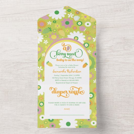 Aardbeien Baby shower en luier Raffle All In One Uitnodiging (Binnen)