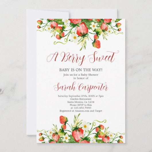 Aardbeien Baby shower Girl Invitation Kaart (Voorkant)
