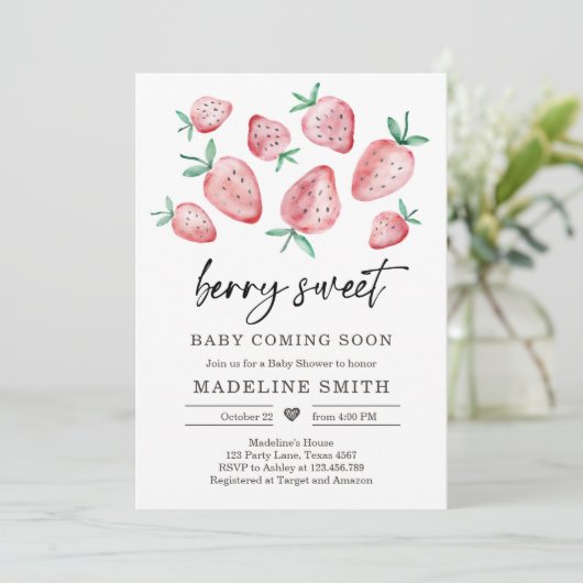 Aardbeien Baby shower Invite Berry Sweet Baby Kaart (Staand voorkant)