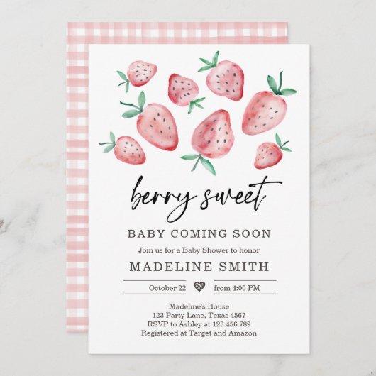 Aardbeien Baby shower Invite Berry Sweet Baby Kaart (Voorkant / Achterkant)
