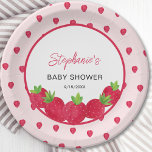 Aardbeien Baby shower Papieren Bordje<br><div class="desc">Dit baby showers papieren bord is versierd met waterverf aardbeien en stijlvolle scripttypografie. Gemakkelijk aan te passen. Originele Waterverf © Michele Davies.</div>