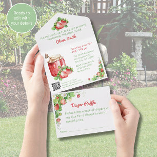 Aardbeien Baby Shower Uitnodiging Alles in Eén QR