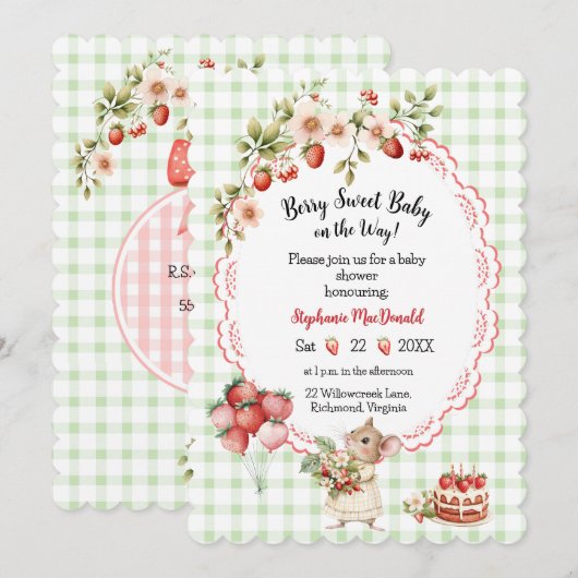 Aardbeien Baby Shower Uitnodiging- Groen Gingham Kaart (Voorkant / Achterkant)