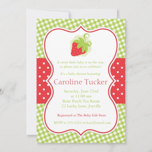 Aardbeien Baby shower Uitnodiging in rood en groen (Voorkant)