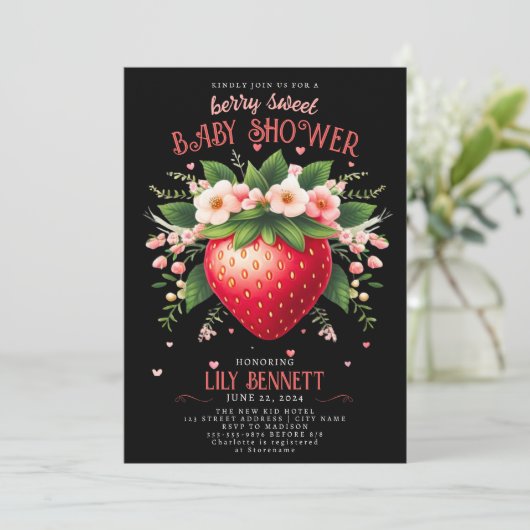 Aardbeien Baby shower | Uitnodiging van Berry Swee (Staand voorkant)