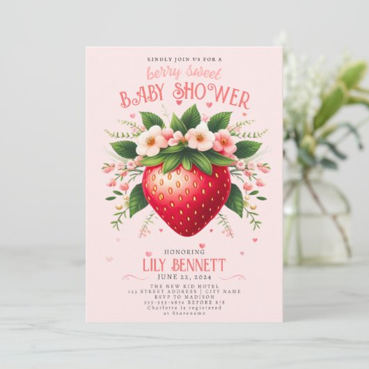 Aardbeien Baby shower | Uitnodiging van Berry Swee (Staand voorkant)