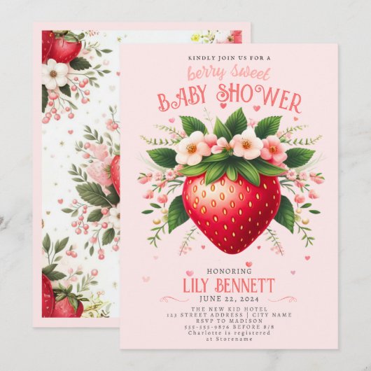 Aardbeien Baby shower | Uitnodiging van Berry Swee (Voorkant / Achterkant)