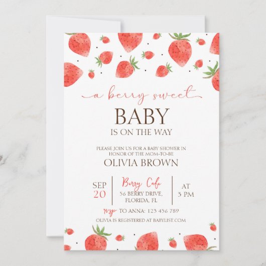 Aardbeien Baby shower | Uitnodiging van Berry Swee (Voorkant)