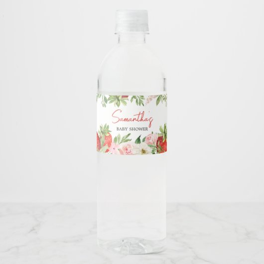 Aardbeien Baby shower Waterfles Etiket (Voorkant)