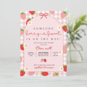 Aardbeien babyshower uitnodiging template, Bewerkb (Staand voorkant)