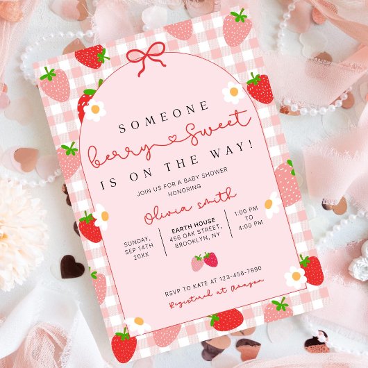 Aardbeien babyshower uitnodiging template, Bewerkb