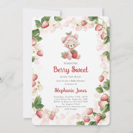 Aardbeien Beer Baby shower Girl Inv Kaart (Voorkant)
