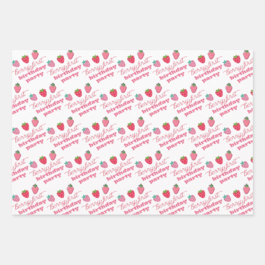 Aardbeien Berry First Birthday Party Pink | Rood Inpakpapier Vel (Voorkant)
