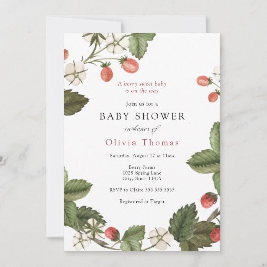 Aardbeien Berry Sweet Baby shower Invitation Kaart (Voorkant)