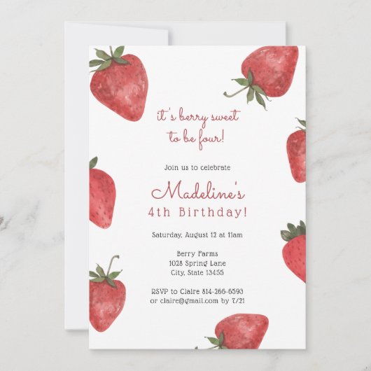 Aardbeien Berry Sweet Birthday Uitnodiging (Voorkant)