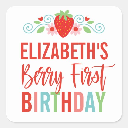 Aardbeien bessen eerste meisje verjaardag vierkante sticker (Voorkant)