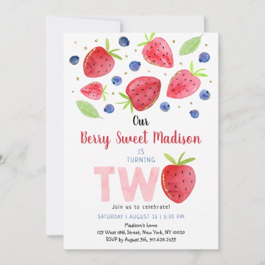 Aardbeien Blauwbes Waterverf 2e verjaardag Kaart (Voorkant)