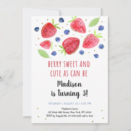 Aardbeien Blauwbes Waterverf 3e verjaardag Kaart (Voorkant)
