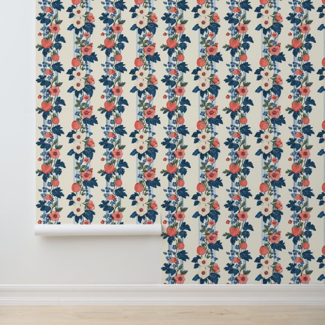  Aardbeien & Blauwe Bladeren Bloempatroon Behang (Applicatie)