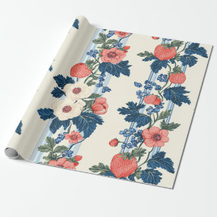  Aardbeien & Blauwe Bladeren Bloempatroon Cadeaupapier