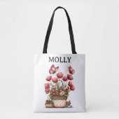 Aardbeien Bloem Mand met Vlinders en Naam Tote Bag (Voorkant)