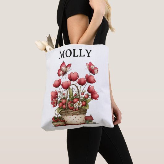 Aardbeien Bloem Mand met Vlinders en Naam Tote Bag (Dichtbij)