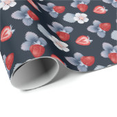 Aardbeien, Bloemen, Bladeren op Navyblauw Cadeaupapier (Rol Hoek)