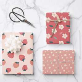Aardbeien, Bloemen en Abstract Patroon Thema Inpakpapier Vel