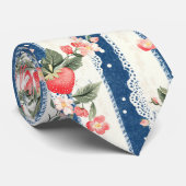 Aardbeien & Bloemen op Blauwe Strepen (2) Stropdas (Opgerold)