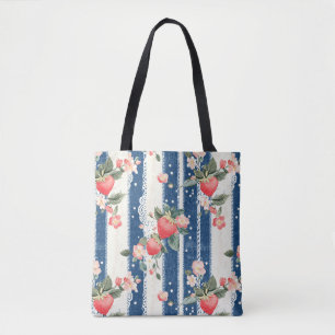  Aardbeien & Bloemen op Blauwe Strepen (2) Tote Bag