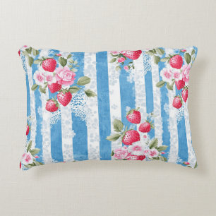 Aardbeien & Bloemen op Blue Stripes Accent Kussen